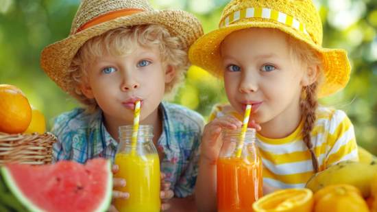 Niños con sombreros de verano bebiendo zumos naturales de frutas en frascos de vidrio, junto a sandía, naranjas y mango.