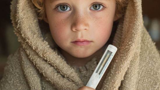 Niño pequeño con aspecto febril, envuelto en una toalla y sosteniendo un termómetro, símbolo de infecciones infantiles y cuidados en el hogar.