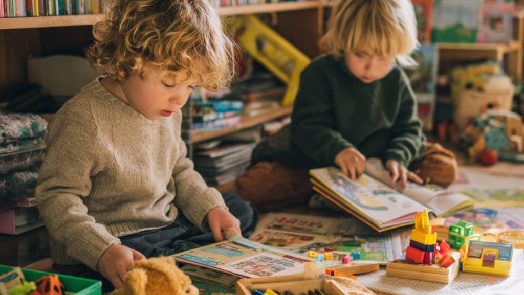Dos niños sentados en el suelo rodeados de libros, colores y juguetes educativos, explorando la lectura y el juego en un ambiente acogedor.