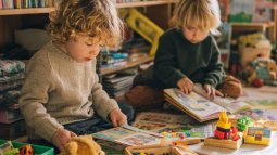 Dos niños sentados en el suelo rodeados de libros, colores y juguetes educativos, explorando la lectura y el juego en un ambiente acogedor.
