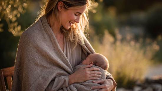Madre abrazando a su bebé en un campo al atardecer, envueltos en una manta.