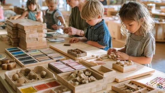 Grupo de niños en un aula luminosa manipulando bloques, ceras y materiales Montessori junto a una maestra que los acompaña en su exploración.