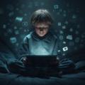 Ilustración de un niño concentrado en una tablet, rodeado de iconos flotantes de aplicaciones, en una habitación oscura.
