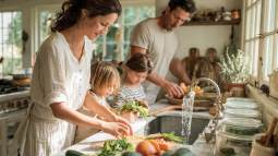 Familia con dos niños lavando vegetales frescos bajo el grifo en una cocina iluminada, practicando hábitos de higiene alimentaria.