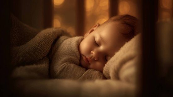 Bebé dormido en su cuna, envuelto en una manta, con luz tenue y fondo cálido desenfocado.