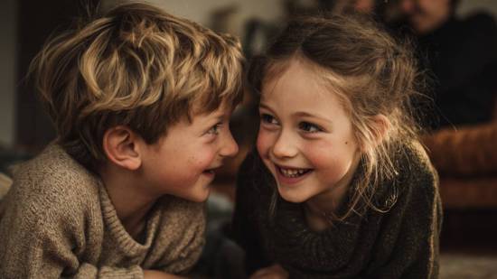 Niño y niña tumbados en el suelo de casa, mirándose con alegría y sonrisas, en un ambiente cálido y familiar.