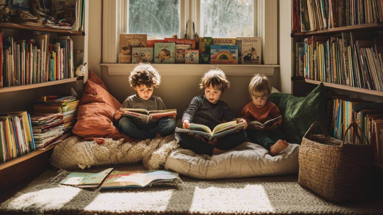 Niños pequeños sentados en un rincón de lectura junto a una ventana, rodeados de estanterías con libros infantiles y cuentos por edades.