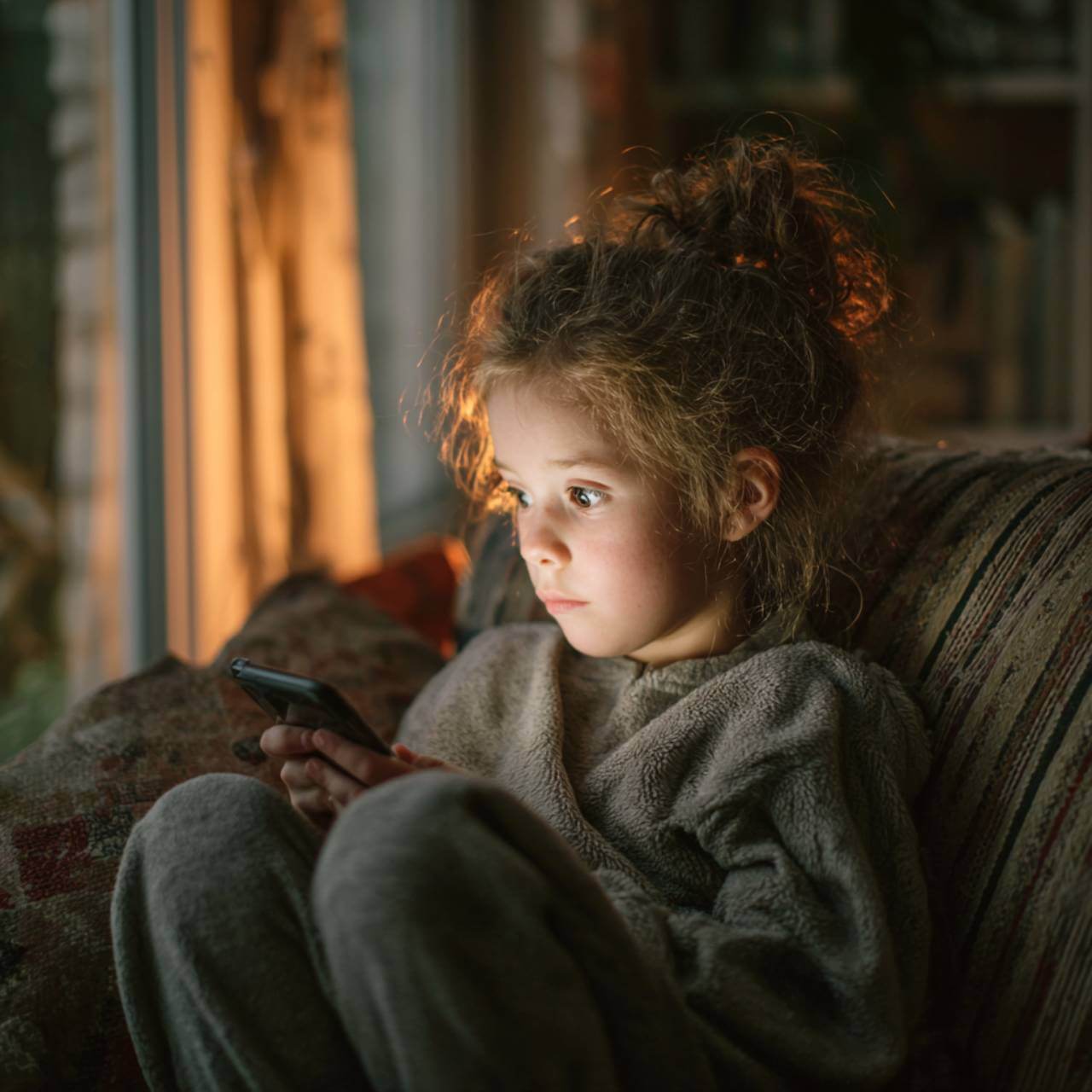 Niña pequeña sentada en el sofá mirando fijamente la pantalla de un teléfono móvil en casa.