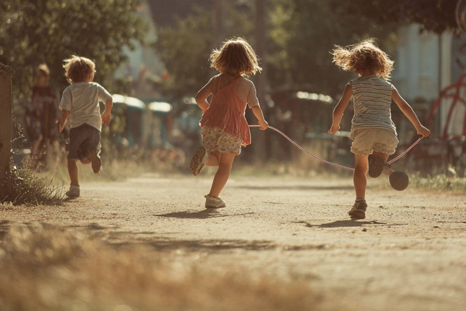 Tres niños pequeños corren y saltan a la comba en un parque al aire libre, fomentando el ejercicio, la coordinación y el juego en grupo.