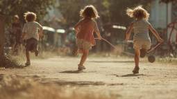 Tres niños pequeños corren y saltan a la comba en un parque al aire libre, fomentando el ejercicio, la coordinación y el juego en grupo.
