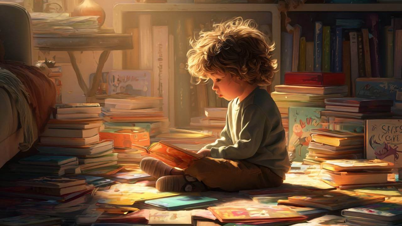 Niño pequeño leyendo un cuento rodeado de libros infantiles en un ambiente acogedor iluminado por una lámpara.