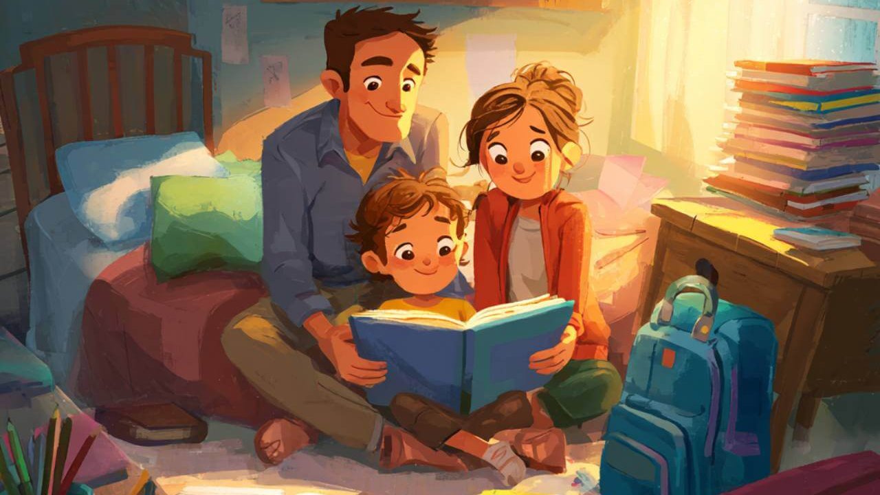 Familia leyendo un cuento juntos en la habitación, con la mochila y el material escolar preparados para la vuelta al cole.