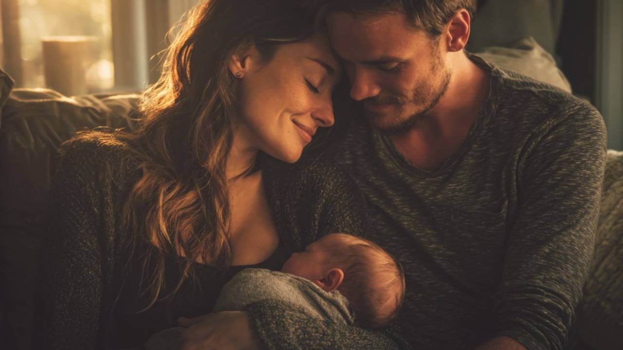 Hombre y mujer abrazados mirando a su bebé dormido en brazos, transmitiendo ternura y amor en familia.