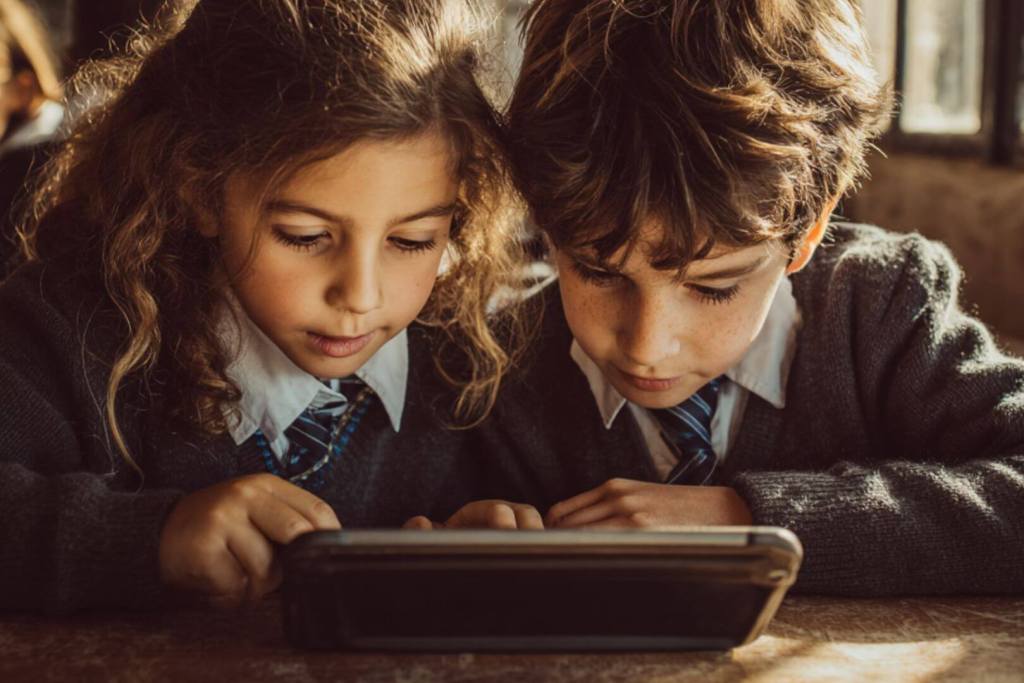 Dos niños miran la tablet en clase
