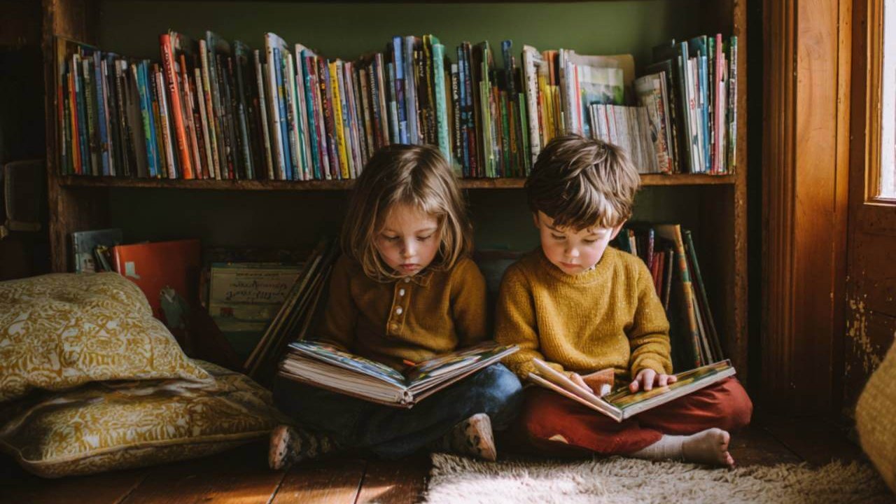 Niños pequeños sentados en el suelo de un rincón acogedor, leyendo libros ilustrados frente a una estantería llena de cuentos infantiles.