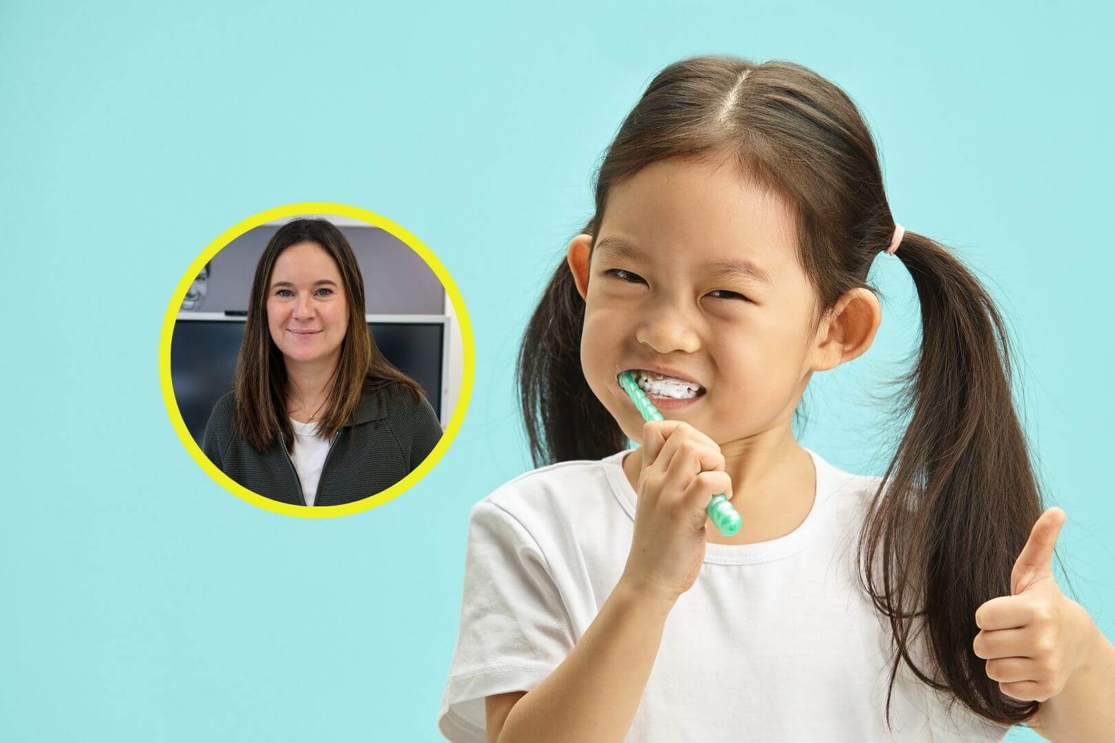 La doctora Almudena Herraiz en imagen de detalle sobre un retrato de una niña con rasgos asiáticos cepillándose los dientes