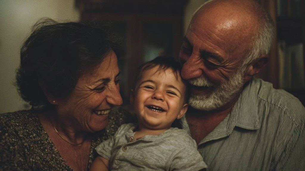 Abuelos jugando con su nieto en casa.