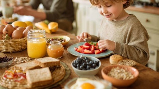 Niño eligiendo qué comer en el desayuno entre frutas, yogur y pan integral, acompañado por su madre en una cocina luminosa.