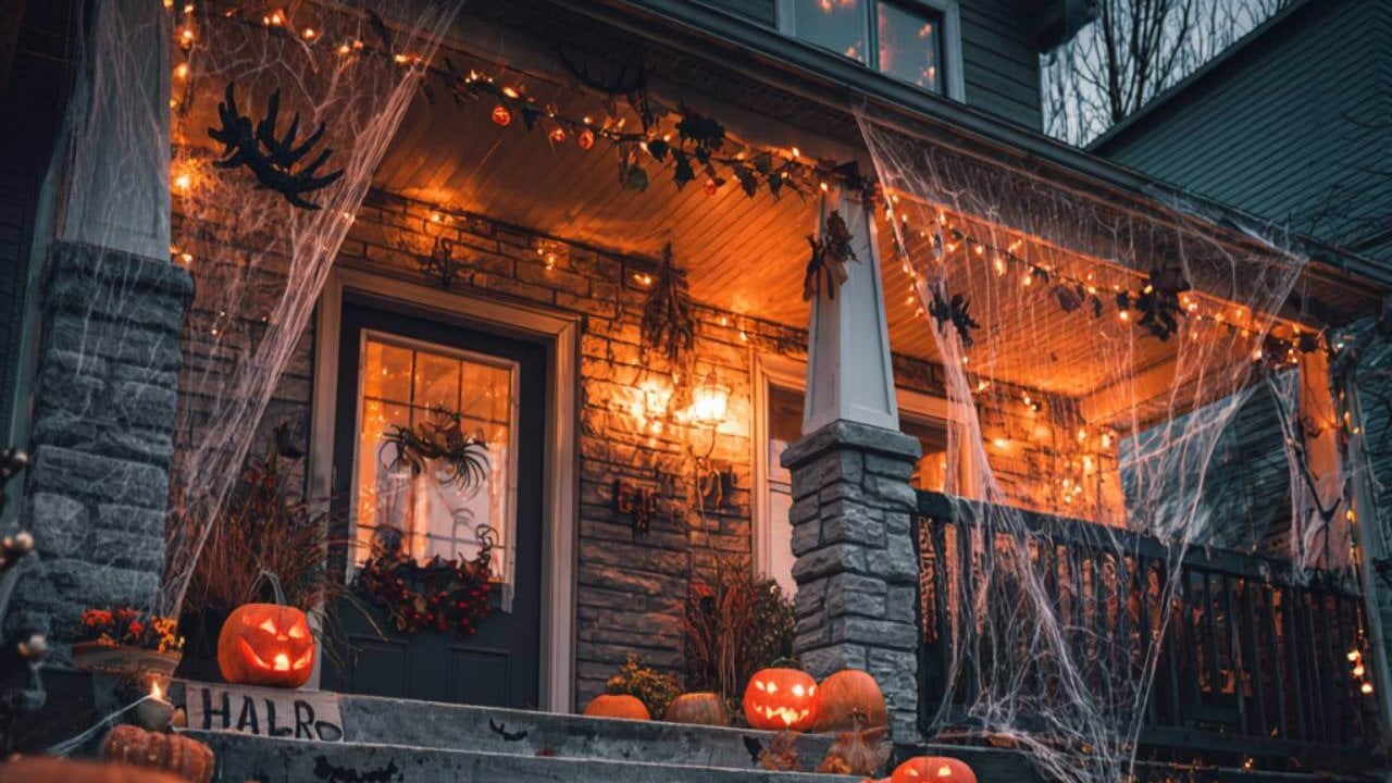 Entrada de casa decorada para Halloween con calabazas iluminadas, velas y carteles con frases divertidas.