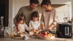 Familia preparando la cena con una freidora de aire en una cocina luminosa.