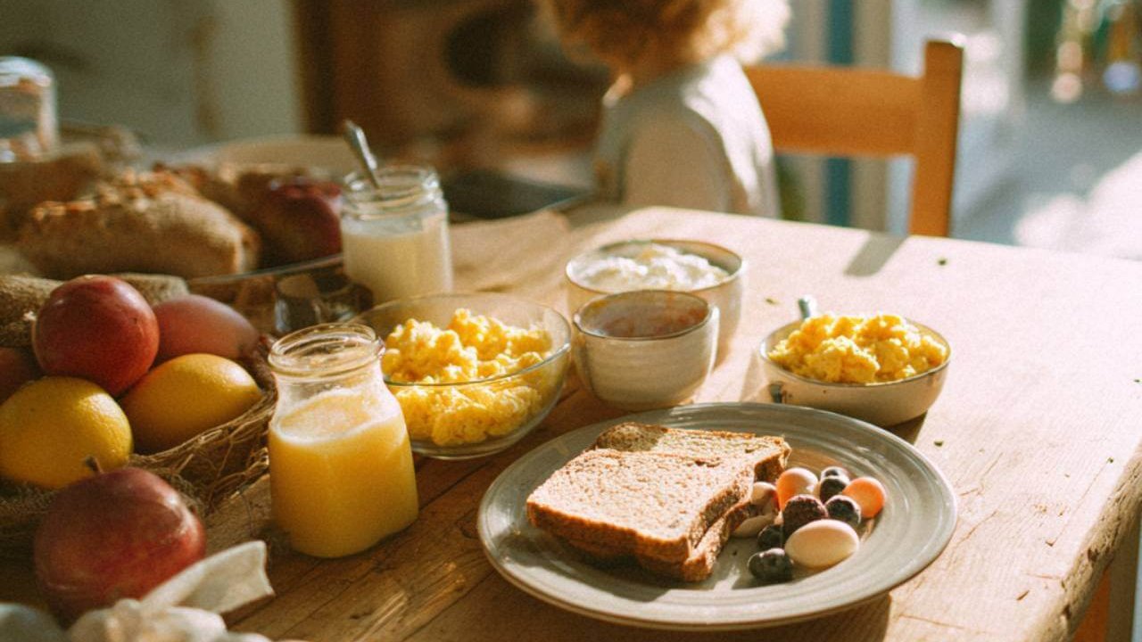 Niño desayunando en una cocina luminosa con huevos, yogur, pan integral y fruta sobre la mesa.