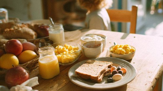 Niño desayunando en una cocina luminosa con huevos, yogur, pan integral y fruta sobre la mesa.