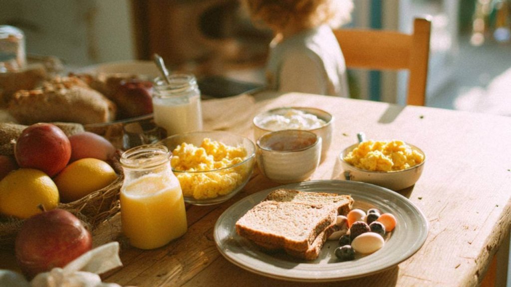 Niño desayunando en una cocina luminosa con huevos, yogur, pan integral y fruta sobre la mesa.