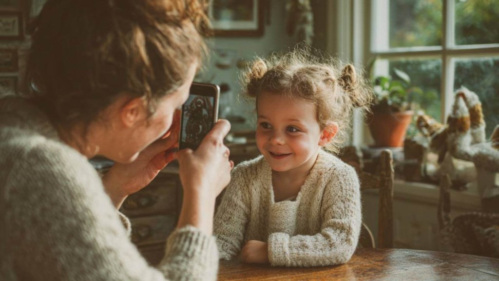Una madre captura con su móvil un momento cotidiano con su hija en casa: una imagen entrañable que refleja cómo la tecnología forma parte del día a día familiar.