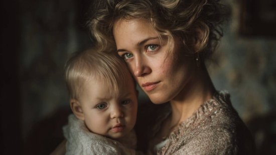 Madre joven sostiene a su bebé en brazos con expresión serena y melancólica, en un ambiente cálido y hogareño.