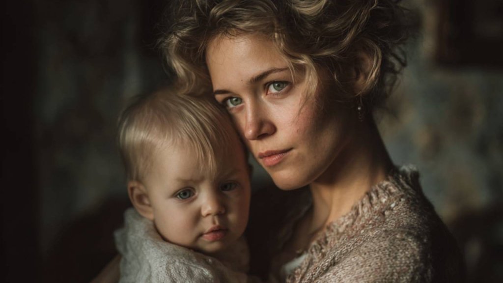 Madre joven sostiene a su bebé en brazos con expresión serena y melancólica, en un ambiente cálido y hogareño.