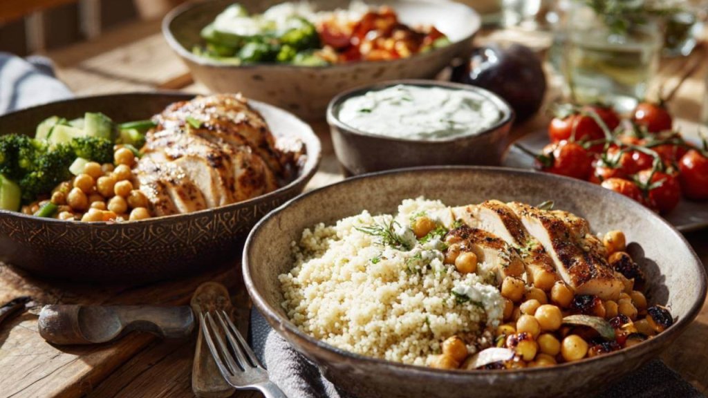 Mesa con platos de pollo, garbanzos, verduras y couscous siguiendo el método 3-2-1 de alimentación saludable.