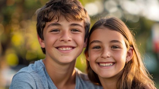Retrato de un niño y una niña de unos 12 años sonriendo al aire libre con luz cálida de tarde.