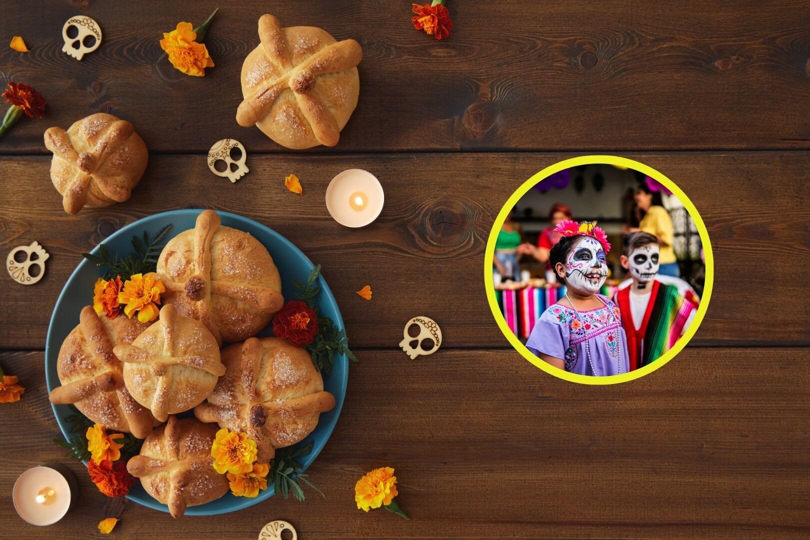 Pan de muerto tradicional decorado con flores de cempasúchil sobre una mesa de madera, junto a niños con el rostro pintado de calaveras durante la celebración del Día de Muertos.