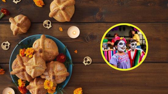 Pan de muerto tradicional decorado con flores de cempasúchil sobre una mesa de madera, junto a niños con el rostro pintado de calaveras durante la celebración del Día de Muertos.