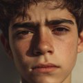 Retrato realista de un adolescente con expresión seria y melancólica, iluminado por luz natural.