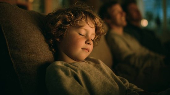 Niño somnoliento en el sofá junto a sus padres en una sala iluminada con luz cálida, después de apagar la televisión.