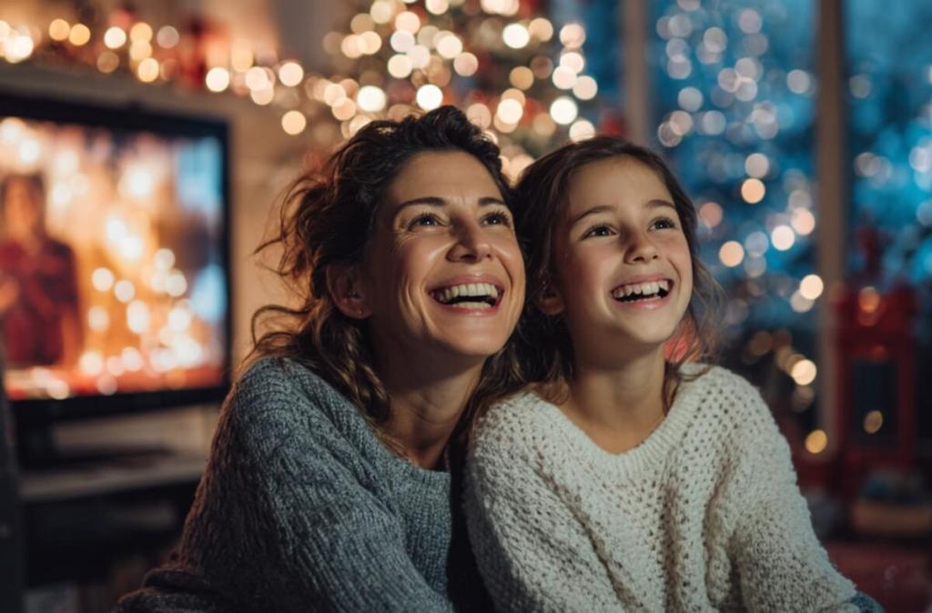Una madre y una hija se ríen mientras ven una película de Navidad, de las que les han recomendado